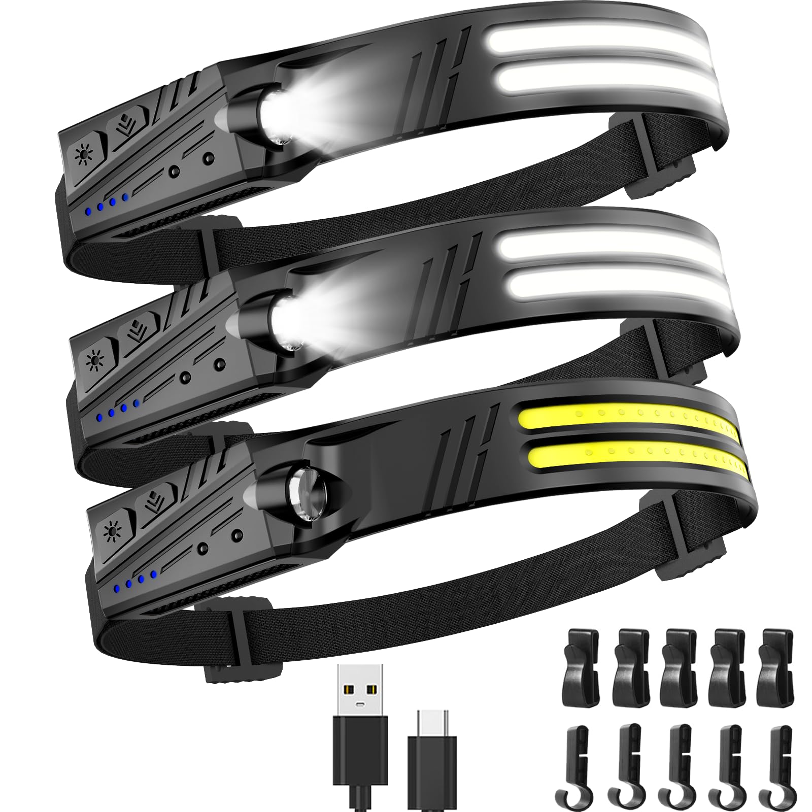 KIDECCE Faro recargable 2 paquetes, sensor de movimiento del faro LED 350 lúmenes 6 modos de luz, 230 ° WideBeam Lampe frontal, IPX6 impermeable ligero COB faro, perfecto para acampar, correr, correr,