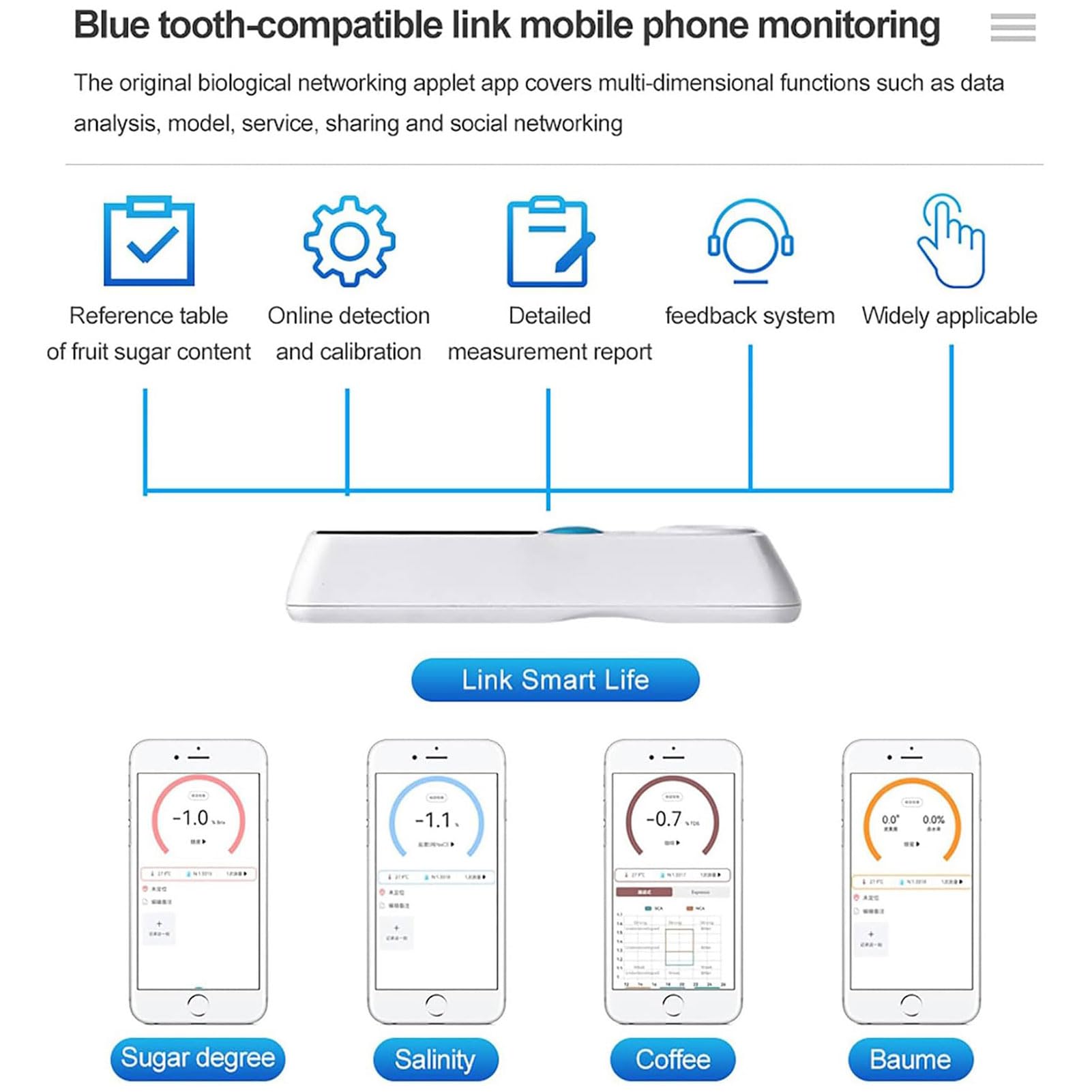 Refractómetro Brix digital, medidor de Brix portátil con rango de 0-32%/0-55%, precisión de ±0,1%, resolución de 0,05%, probador en línea Bluetooth, para café, frutas, verduras, cerveza o vino 0-32%