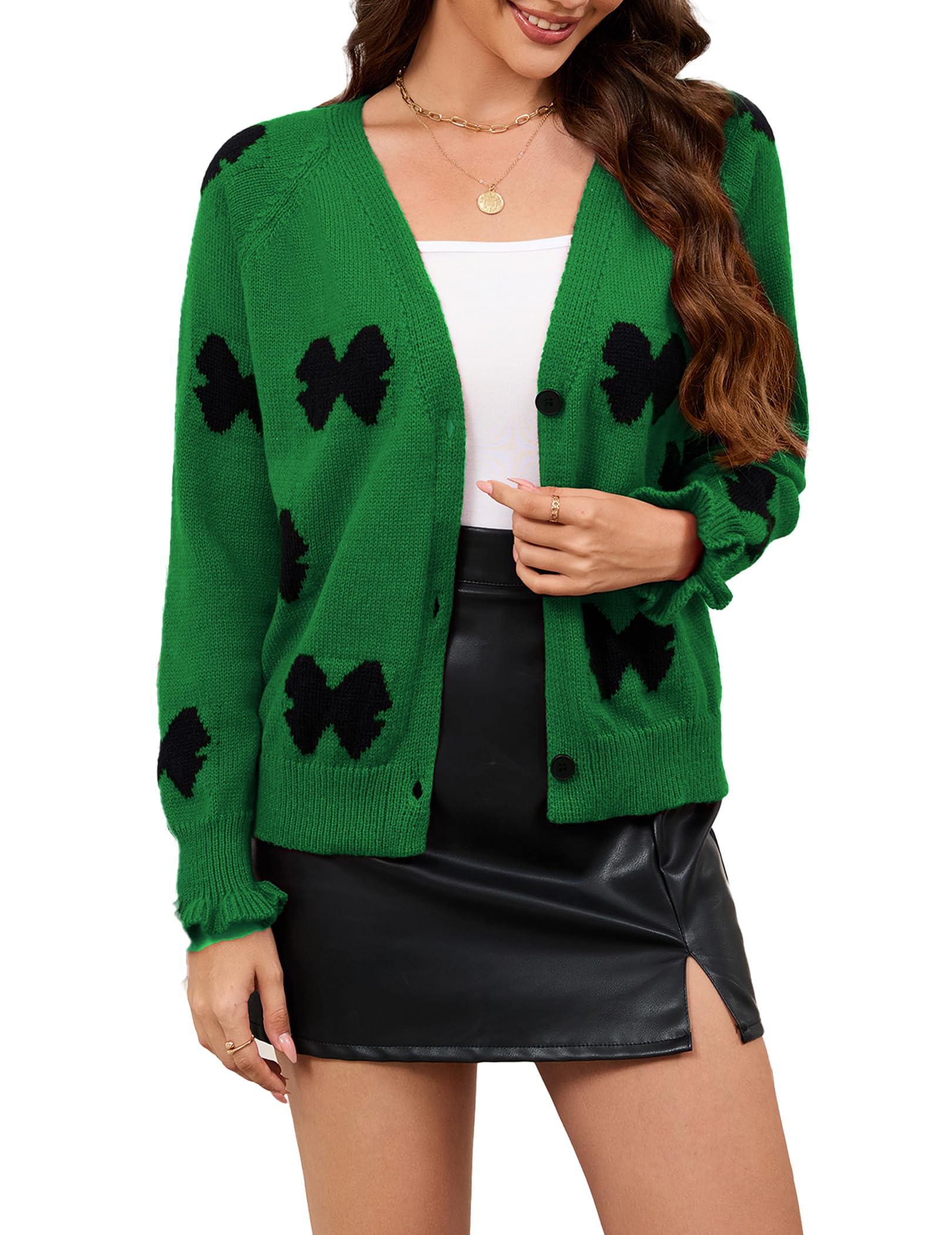 Bow Cardigan for Women Trendy V Neck Y2K Open Front Button Down Knit Sweater Cute Fall Ladies Sweaters