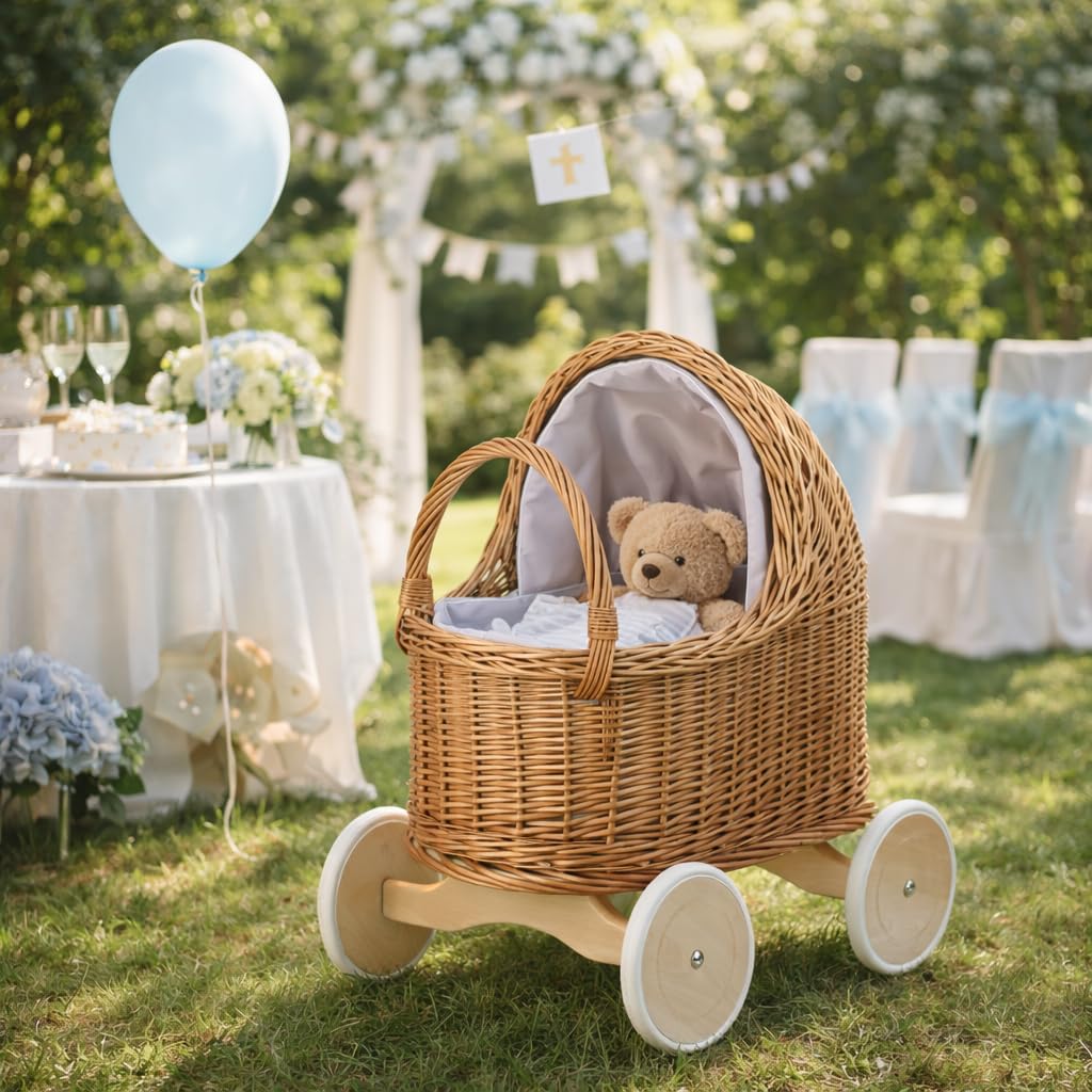 Korbpuppenwagen mit Holzuntergestell – Vintage-Stil, wunderschöne Dekoration für Fotoshootings (Pink)