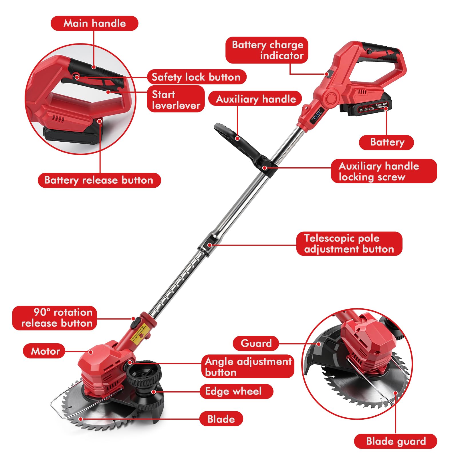 Desbrozadora batería de 21 V con 2 baterías y cargador, cabezal giratorio de 90°, 3 en 1, corte y corte de bordes, batería para césped, jardín, patio