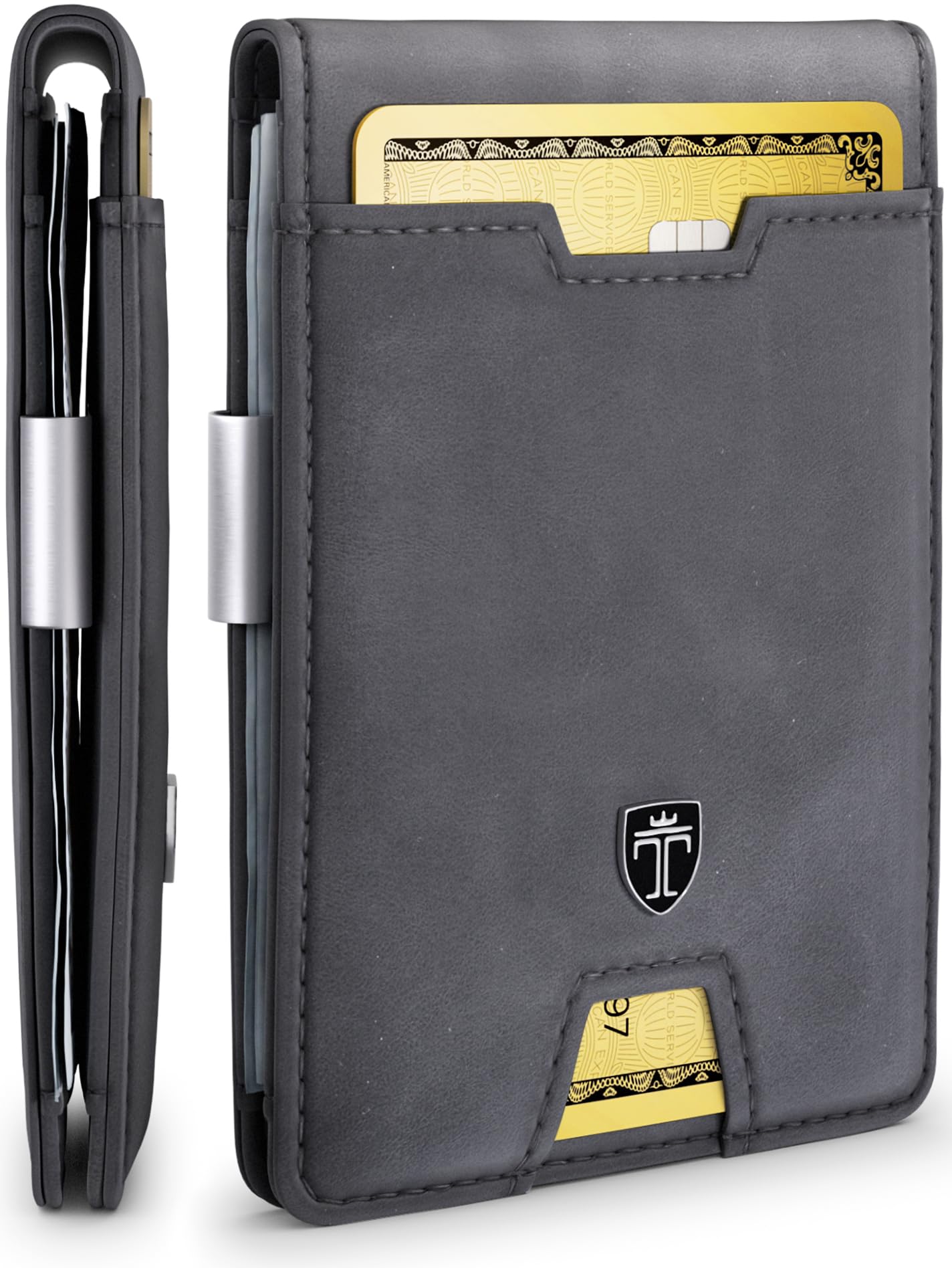 TRAVANDOSlim Wallet with Money Clip AUSTIN RFID Blocking Card Mini Bifold Men (Uni-Color, Grey)