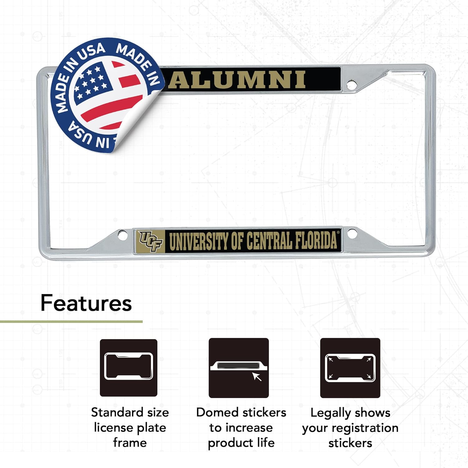 Desert Cactus University of Central Florida Car Accessories Metal License Plate Frame and Sticker for Front or Rear of Car (Sticker Frame Combo - Alumni)
