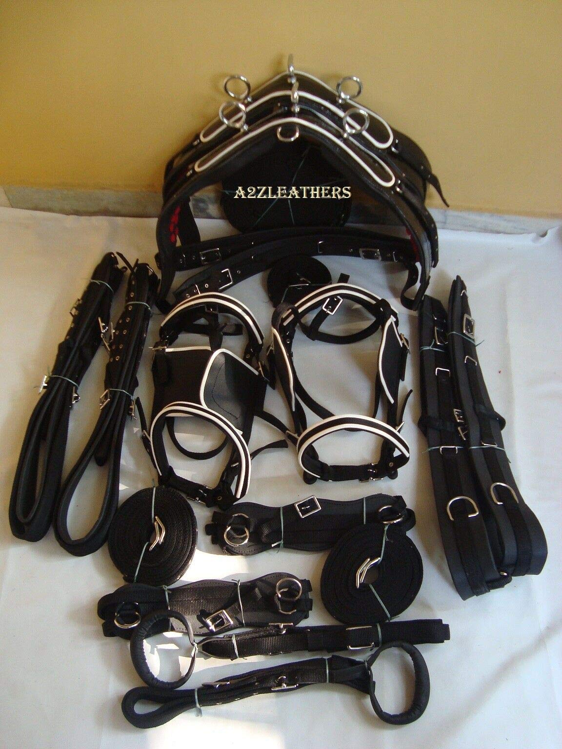 Leather Ride Synthetic Patent Driving Harness Premium Nylon Harness for Double Horse cart (blacl/White