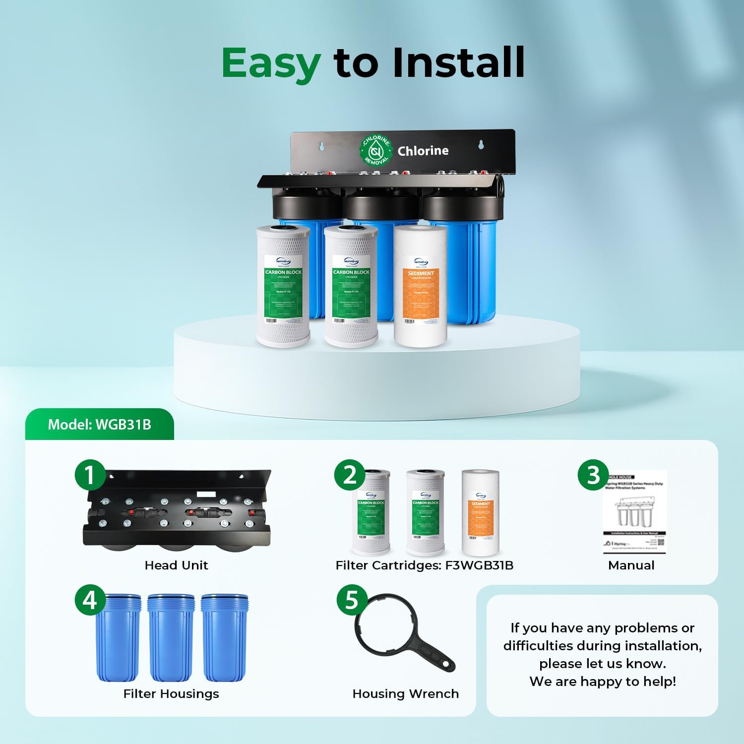 iSpring Sistema de filtración de agua WGB31B para toda la casa, reduce hasta un 99% de cloro, sedimentos, sabor y olor, 3 etapas con filtros de bloque de carbón y sedimentos de 10 pulgadas, entrada