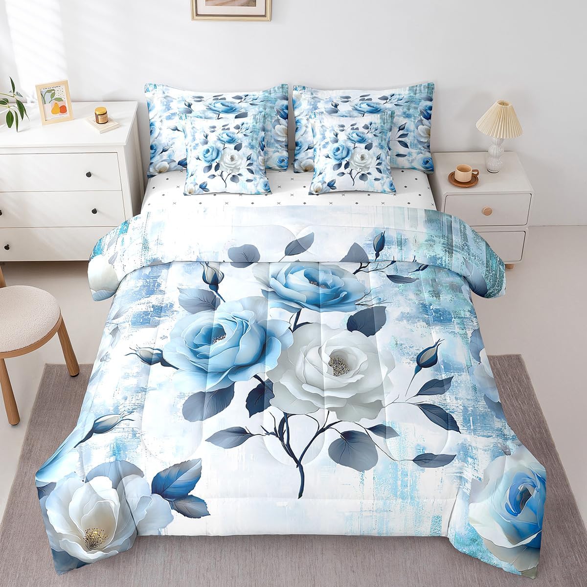 Erosebridal 7-Piece Girls Flower Bedding Queen Size Rose Floral Comforter Set for Women, Blue Gradient Bedding Comforter Sets Vintage Ombre Bed in a Bag, Oil Painting Aesthetic Bedding Room Decorative
