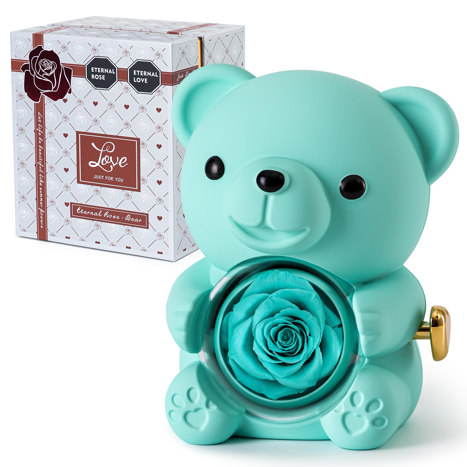 Ariceleo Ours en Rose Bleu Clair avec Rose Éternelle - Fleurs Réelles et Collier en Forme de Cœur - Coffret Gris Élégant - Idée Cadeau pour Saint-Valentin, Fête des Mères, Mariage, Anniversaire