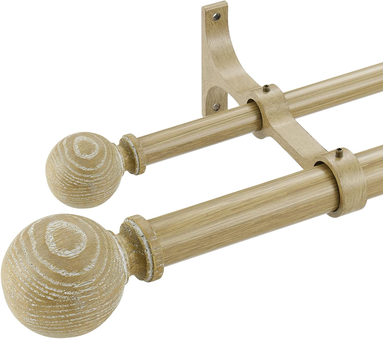 Oak Wood Grain Window Rods, Double Curtain Rod 72-144” Telescoping Length 1Inch Diameter Front Poles and 5/8Inch Diameter Back Poles Oak Wood 72-144"