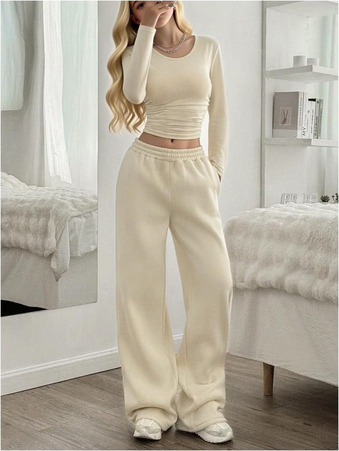 SOLY HUX Girl's 2 Piece Outfits Long Sleeve Ruched Crop Tops and Wide Leg Pants Set Casual Fall Clothes