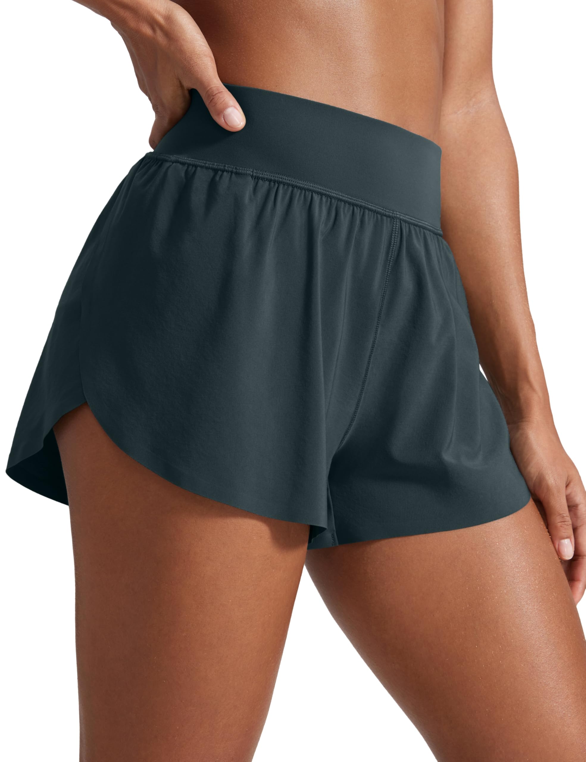 CRZ YOGA Women's High Waist Running Shorts - 3'' Mesh Liner High Split Athletic Gym Sport Workout Sweat Shorts Melanite 12