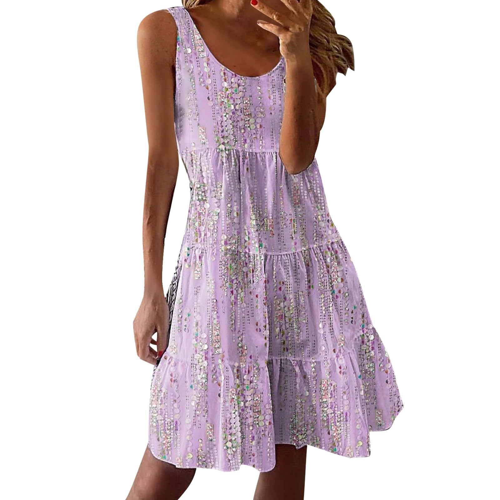 Vestido de verano para mujer con cuello redondo, sin mangas, transpirable, estampado de cristal brillante, vestido suelto para el tiempo libre, para el día a día, playa, viajes