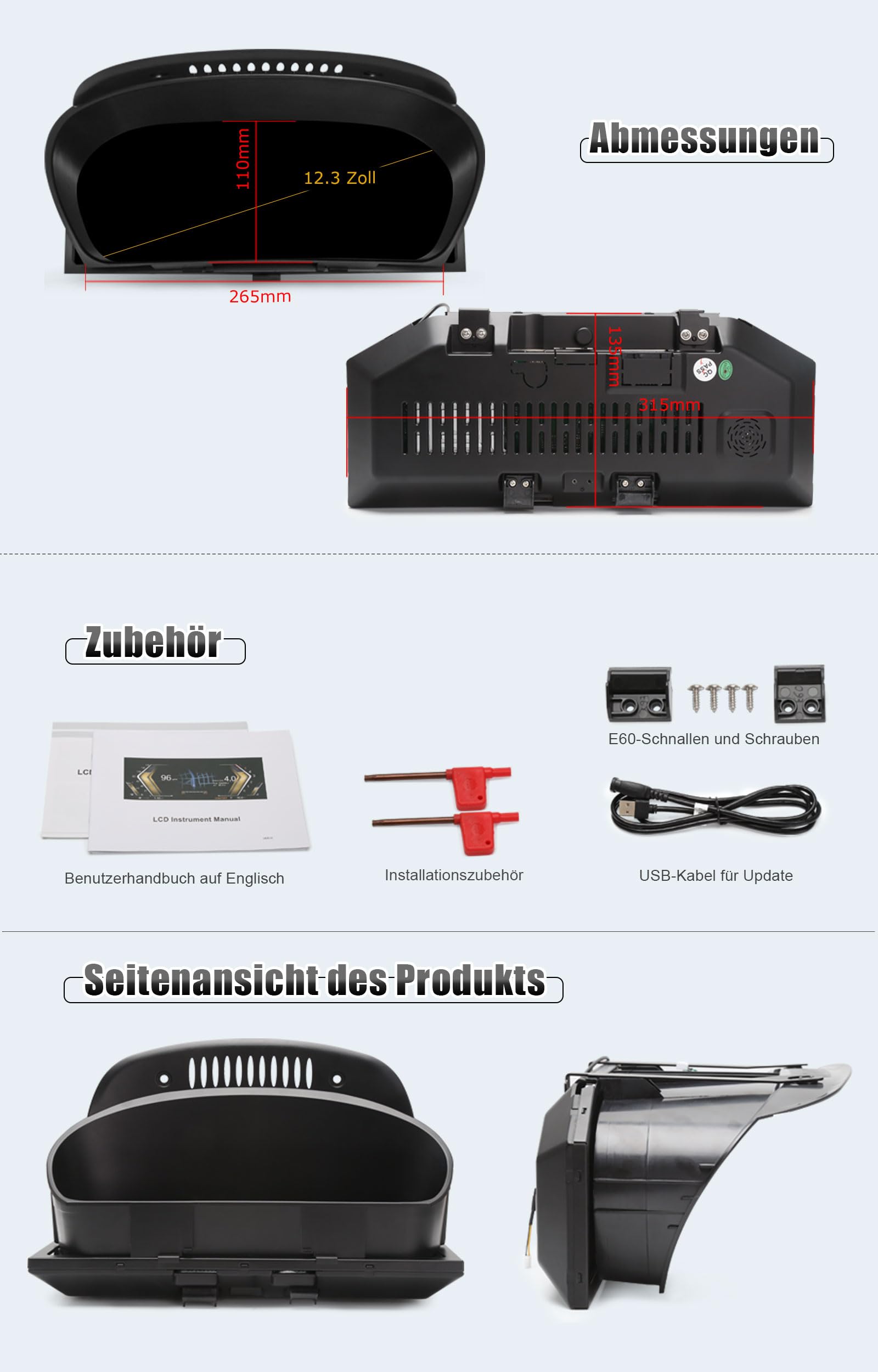 Tachimetro Digitale LCD 12,3" per BMW 5 Serie E60 E61 X5 E70 X6 E71 CiC CCC Plug & Play HD Display