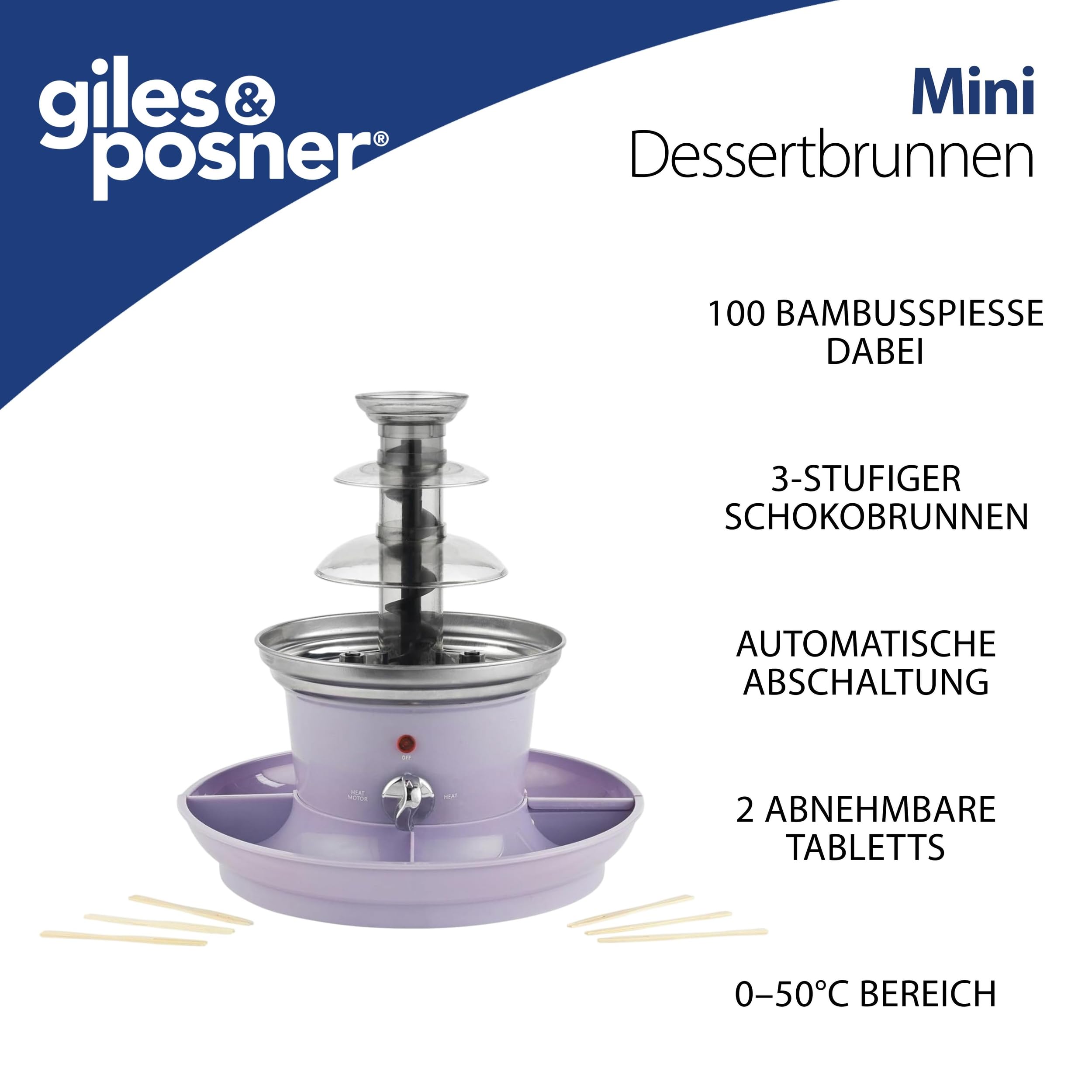 GILES & POSNER Mini-Schokoladenbrunnen – Elektrische 3-Stufen Maschine, Automatische Abschaltung, 0°C bis 50°C, Party Dip & Share, 2 Abnehmbare Serviertabletts, 500 ml, 100 Spieße Inklusive, 25 W