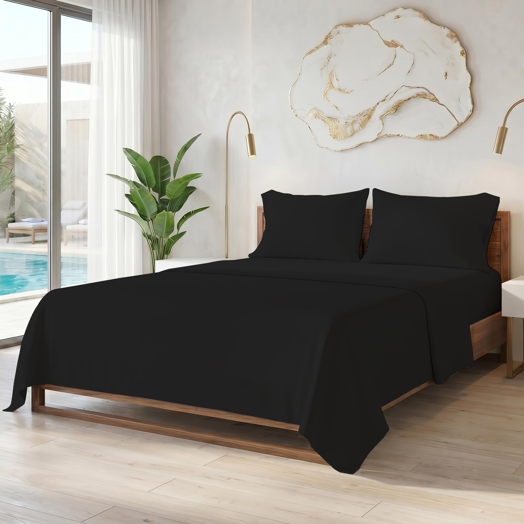 MistyMorning Super King Size Flat Sheet, Soft & Premium Brushed Microfibre Bed Sheet OEKO-TEX Certified, Easy-Care Breathable, Hypoallergenic, Wrinkle and Fade Resistant, Bedding (Black, Super King)