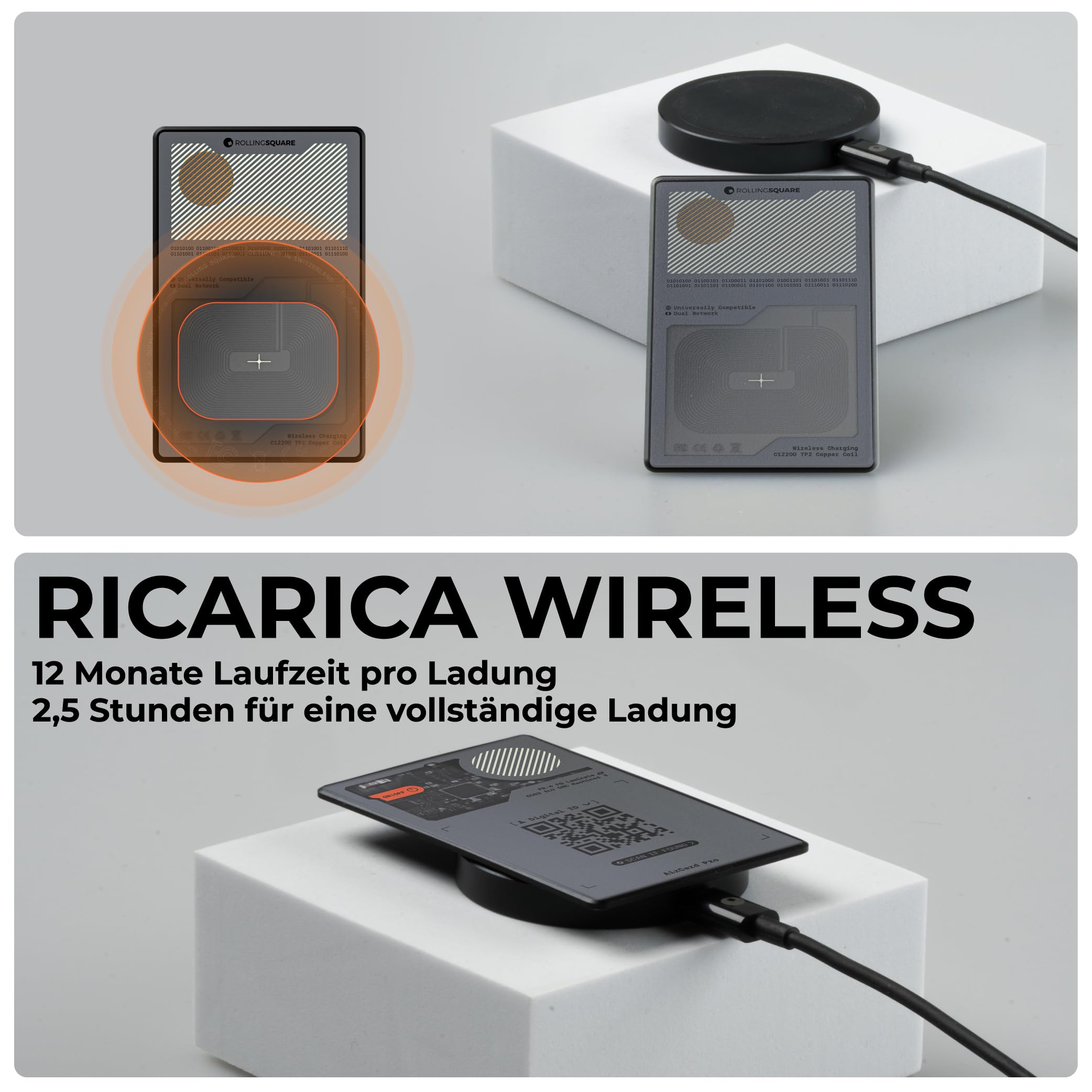Rolling Square AirCard Pro Dual – Wallet Tracker Android e Apple, Localizzatore Bluetooth Compatibile con Apple Find My e Google Android Find Hub, Ricarica Wireless - Air Tracker Tag Card Grigio - 2pz