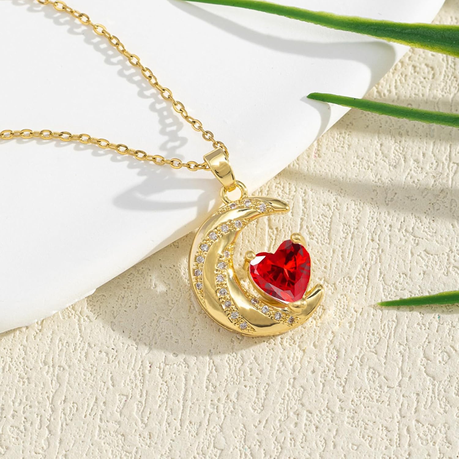 YONVUN Crystal Zircon Moon Heart Pendant Crescent Necklace | Plated 18k Gold Gemstone Birthstone Statement Planet Diamond Jewelry Gift for Wife Mom Daughter Girlfriend - Image 5