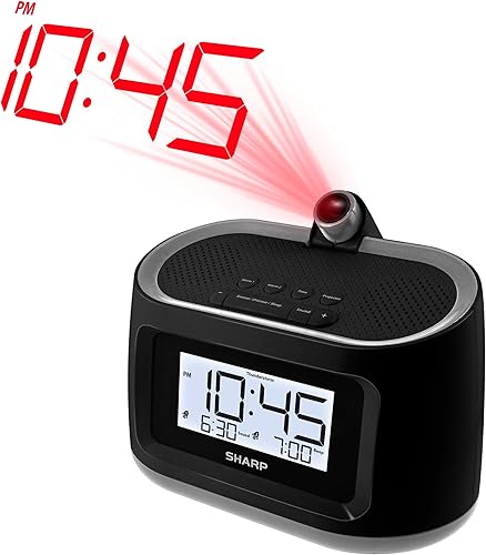 Miniatura 2 de SHARP Reloj despertador LCD y de proyección con 8 sonidos relajantes de sueño natural  Proyecta en pared o techo, negro con ribete de bronce