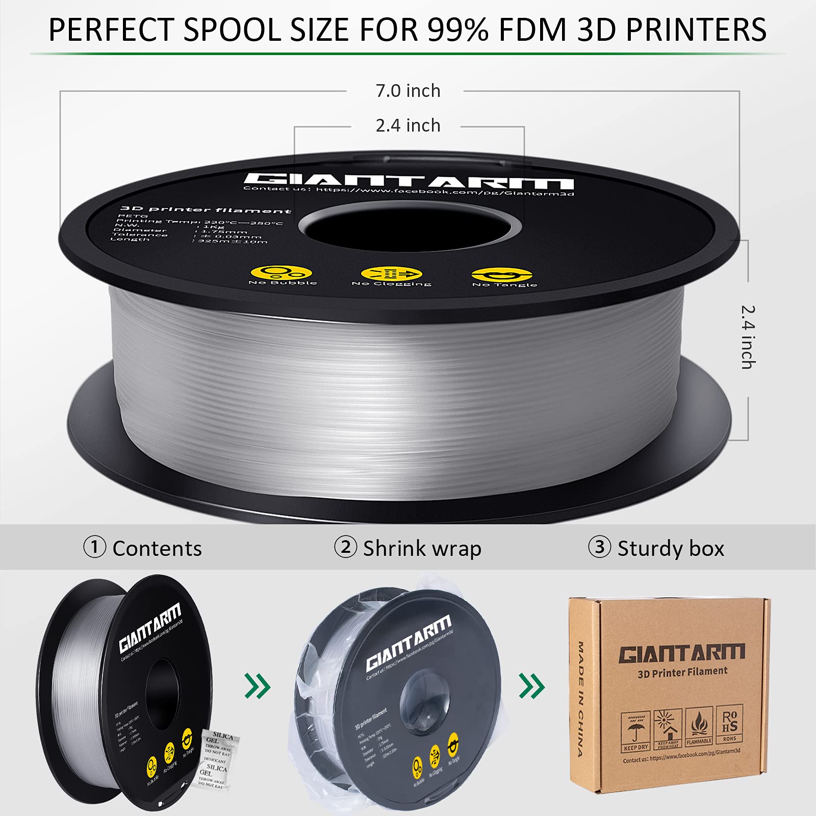 PETG Filament per Stampante 3D, GIANTARM PETG Filament 1,75mm, Dimensional Accuracy +/- 0,2mm 1kg, Transparen