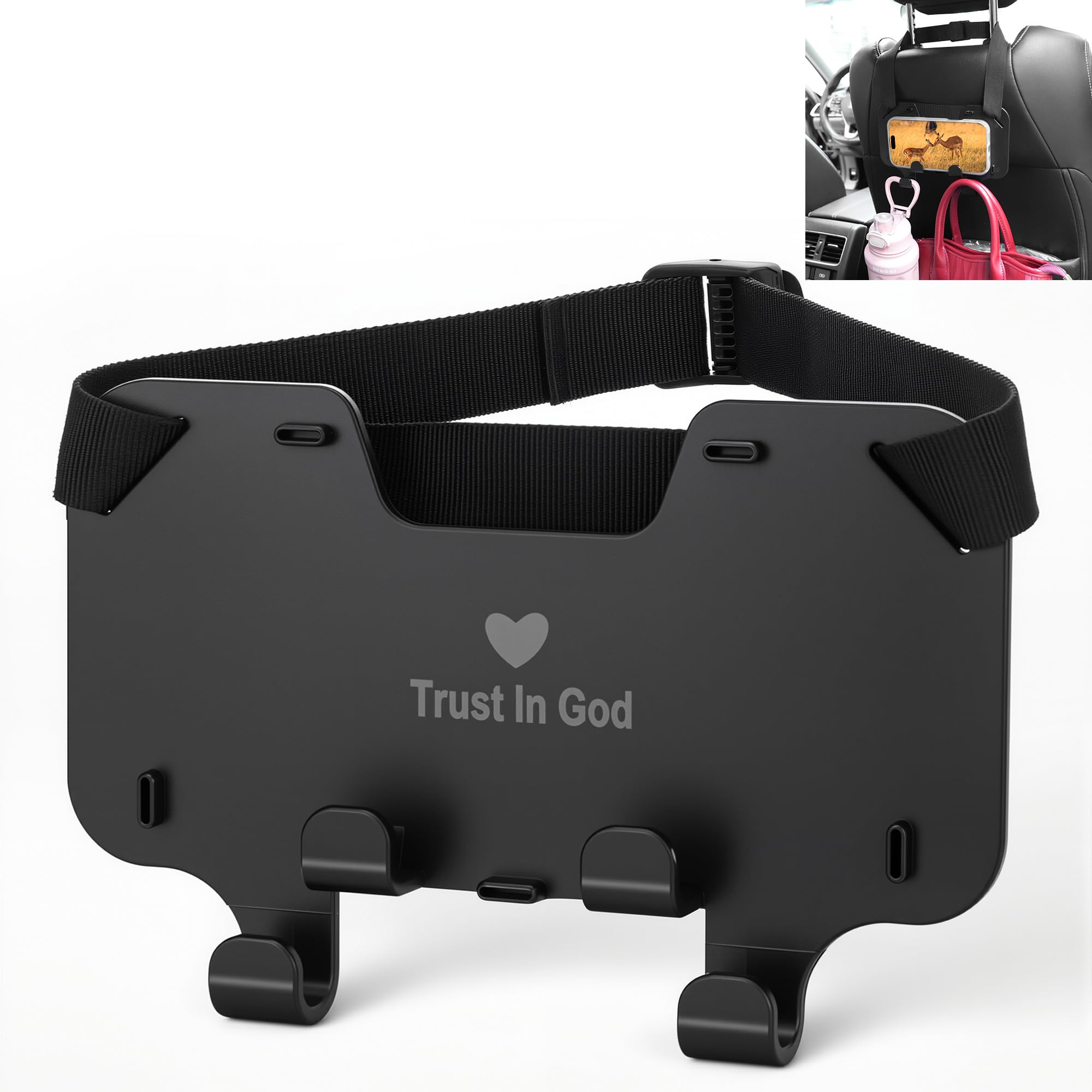 Forgyronis Adjustable Car Seat Headrest Hooks, Universal Fit for All Headrest Styles, Purse Hook with Phone Holder, Car Purse Hooks for Bags,