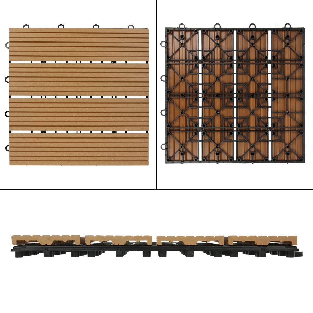 ECD Germany WPC Terrassenfliesen 30x30 cm/11 Fliesen=1m², Teak, geriffelt, Holzoptik, Bodenbelag mit Klicksystem und Drainage, Terrassendielen Balkonfliesen, Klickfliesen für Terrasse Garten Balkon