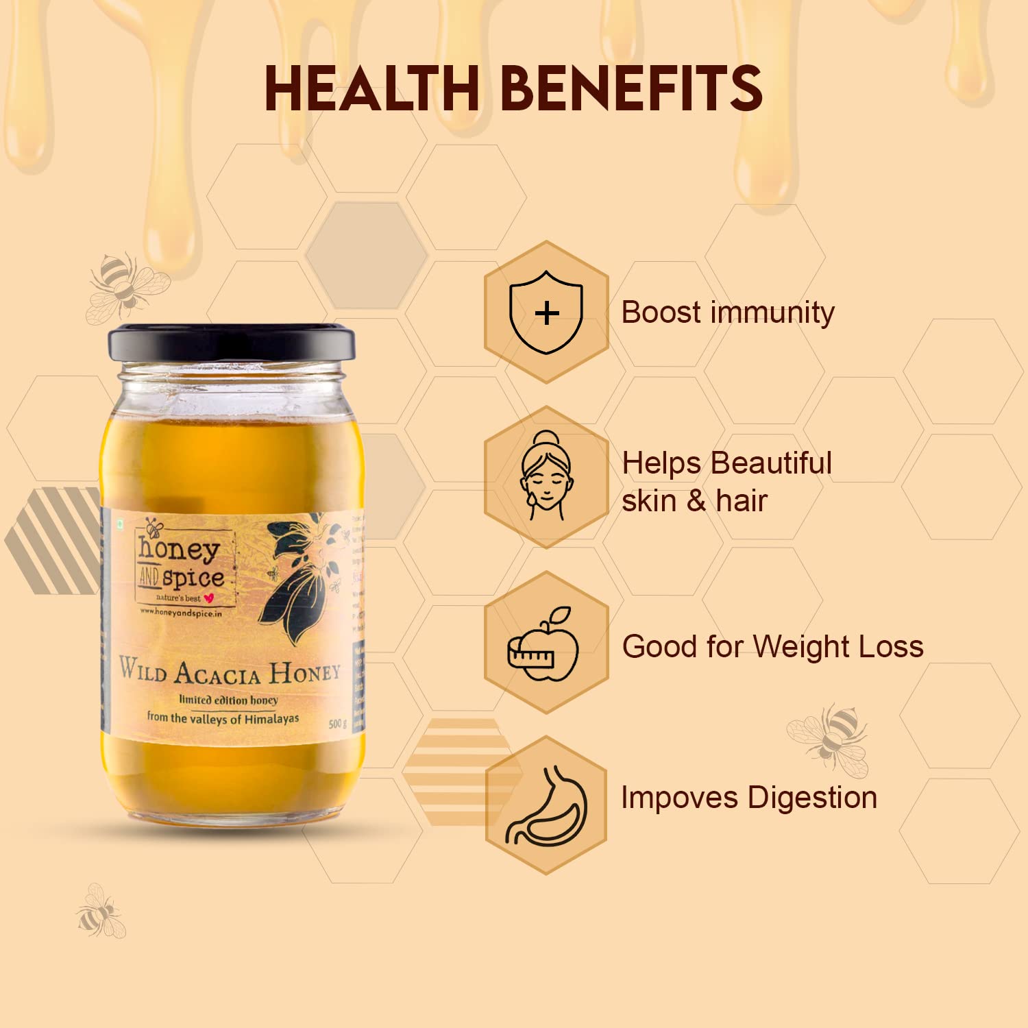 Honey and Spice Wild Acacia Honey from the Valleys of Himalayas with No Added Sugar & Preservatives 500 Gm