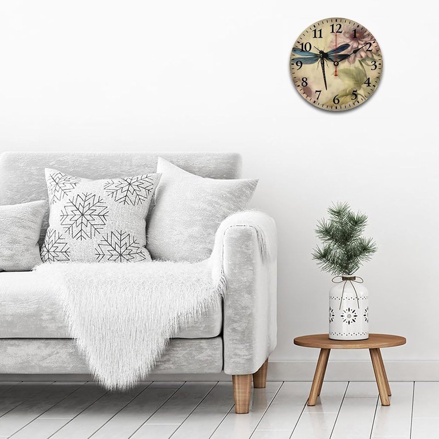 French Farmhouse Vintage Floral Dragonfly Wooden Wall Clocks Wild Flower with Color Dragonfly Home Decor Clock Silent & Non-Ticking Home Office Arabic Numbers 16 Inch Round