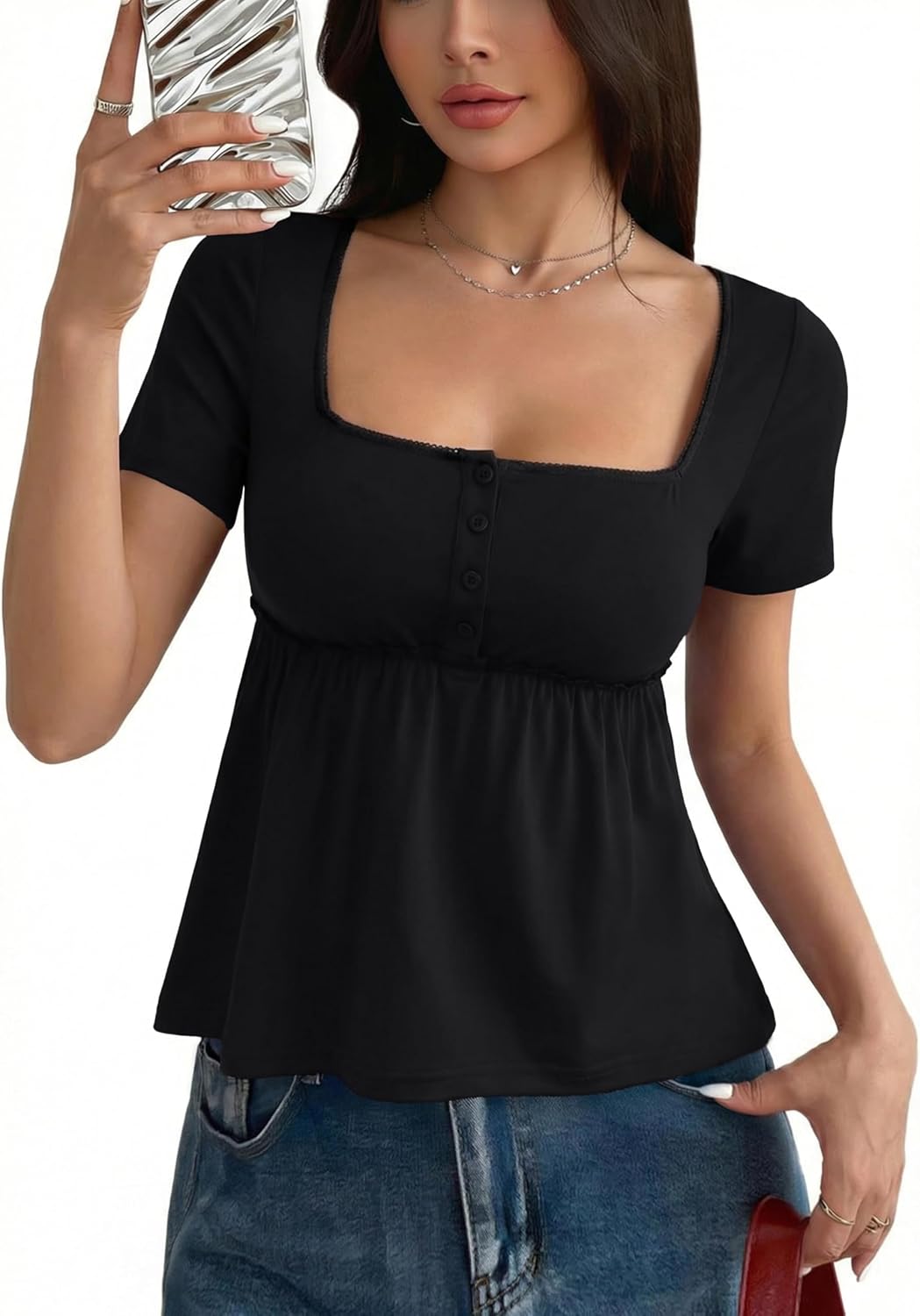 Womens Babydoll Top Peplum Flowy Cute Blouse Baby Doll Tops Short Sleeve Square Neck Y2K Summer Fashion Henley Shirt