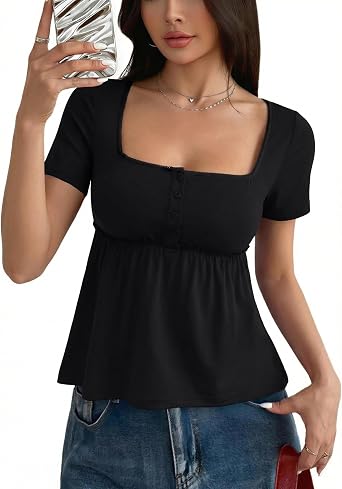 COCCKO Womens Babydoll Top Short Sleeve Peplum Flowy Blouse