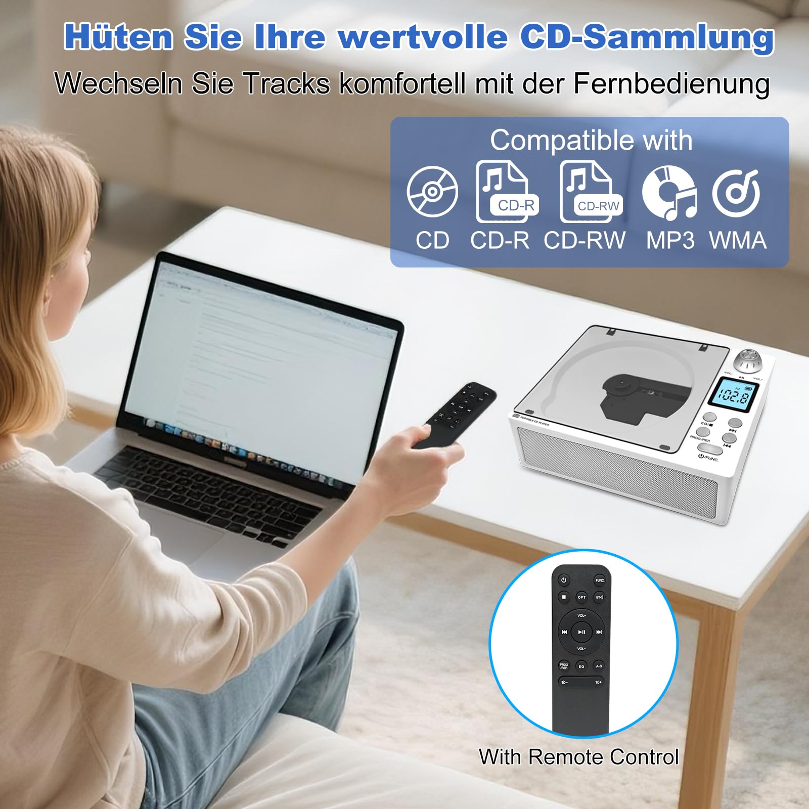Tragbarer CD-Player mit Bluetooth 5.3 Sender & Empfänger, 4000mAh Akku, HiFi-Sound, USB/TF/AUX, LED-Display, Fernbedienung für Haus/Auto/Geschenk
