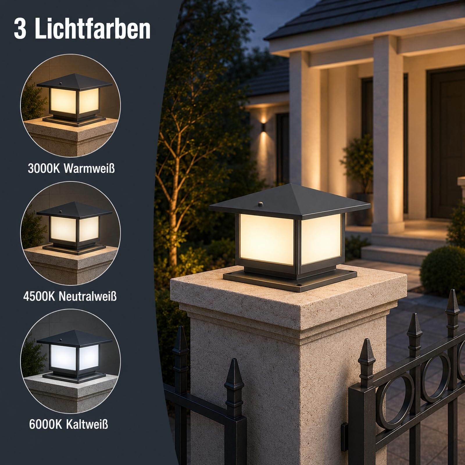 Sockelleuchte Außen 12W, 3 Lichtfarben, IP45, Grau | LED Gartenlampe mit Strom, Aluminium und Acryl, 25 × 25 cm Grundfläche, E27 Wegeleuchten außen für Terrasse und Einfahrt
