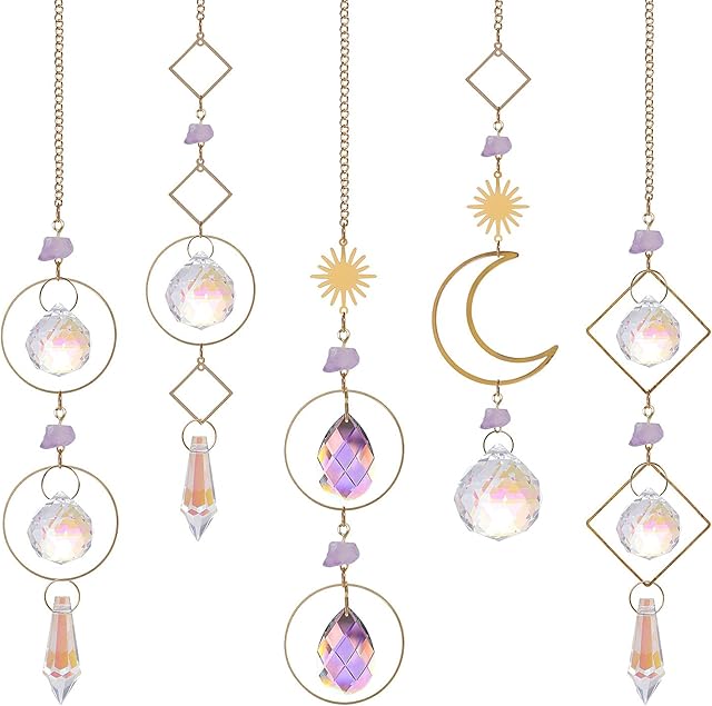 LONGSHENG 5Pcs Gold Crystal Sun catcher with Rainbow maker Crystal Ball Prisms and Sun Moon for Window Home Garden Festivals Decoration