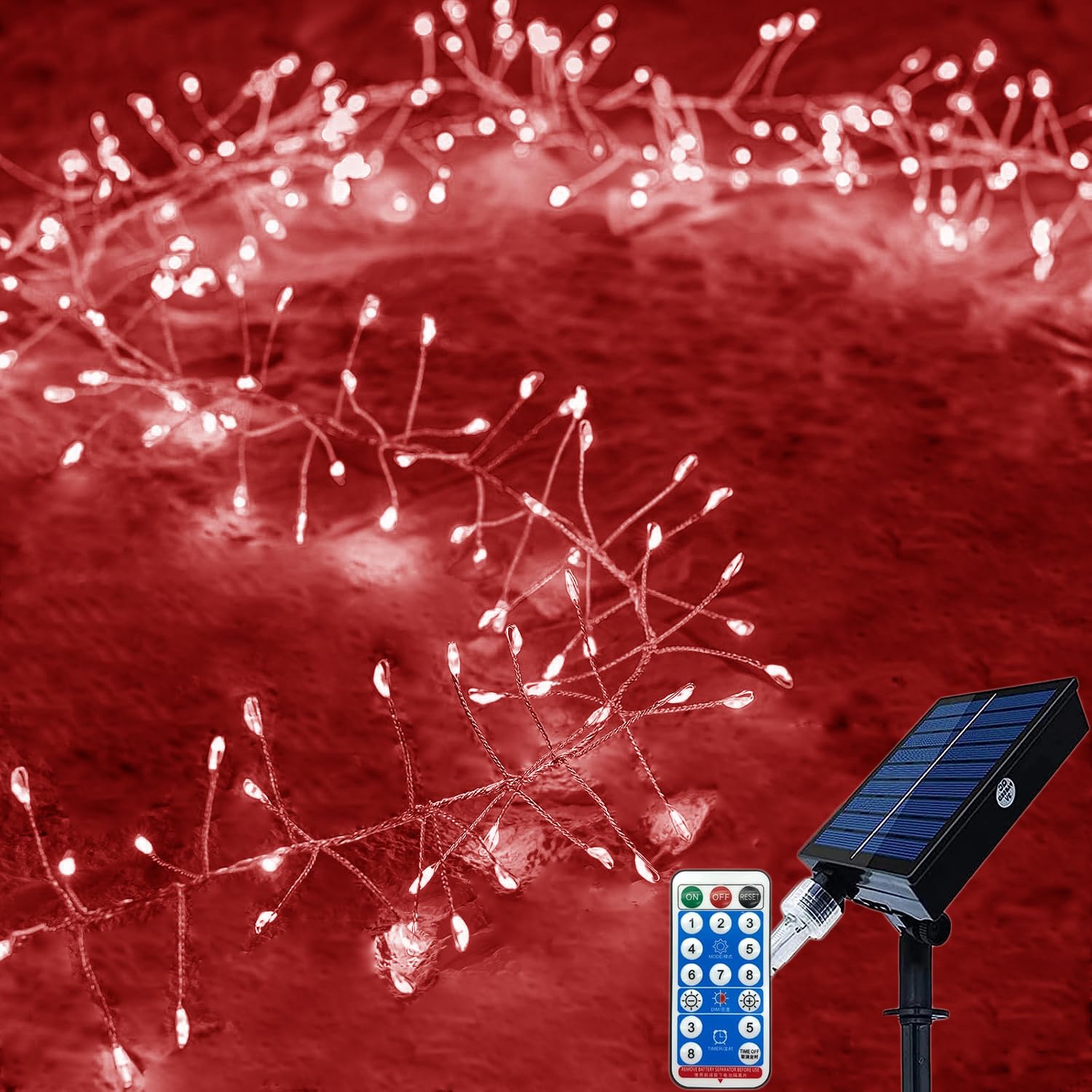 KINGCOO Solar Firecracker Lights Outdoor, Waterproof 29.5FT 300LED Silver Wire Cluster Fairy String Lights with Remote for DIY Bedroom Curtain Window Wedding Christmas Party Decoration (Red)
