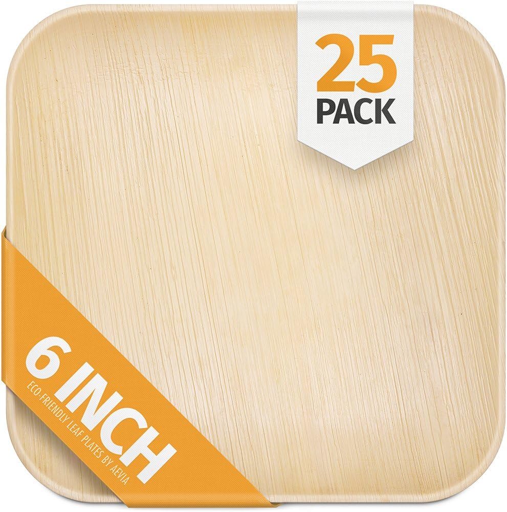 6" Square Palm Leaf Plates. 25 Pack. Disposable, Biodegradable, and Eco-Friendly Dinnerware. Thick, Sturdy and Microwave Safe. Great for Parties, Weddings, BBQs and Dinner Events. By Aevia.