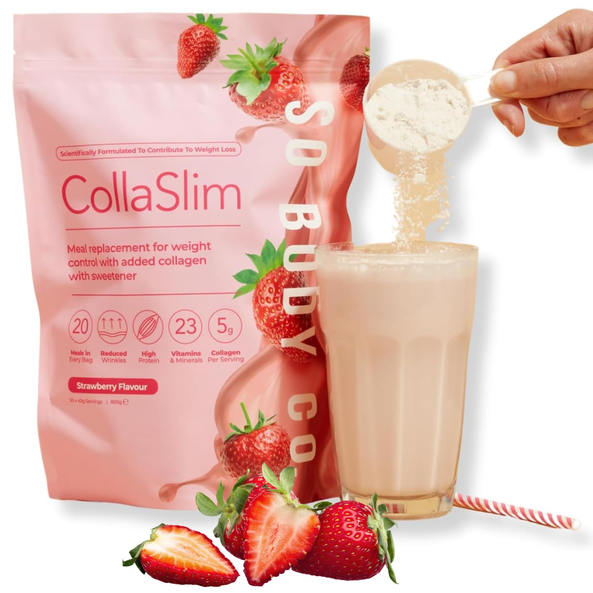 CollaSlim, Meal Replacement Shake with Added Collagen, Vitamins and Minerals, Balanced Meal, Diet Shake, Strawberry Flavour