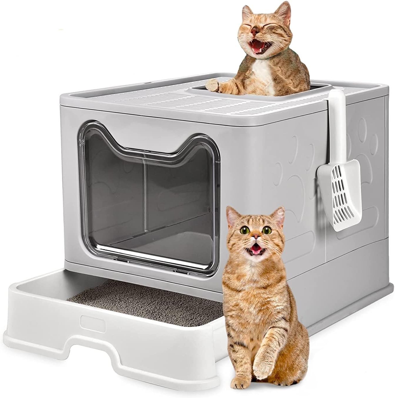Oversized Foldable Cat Litter Box, Litter Box with Lid Extra Large Front Entry Top Exit, Drawer Type Enclosed with Litter Scoop, Cat Toilet Easy Cleaning - 51x41x38 Cm