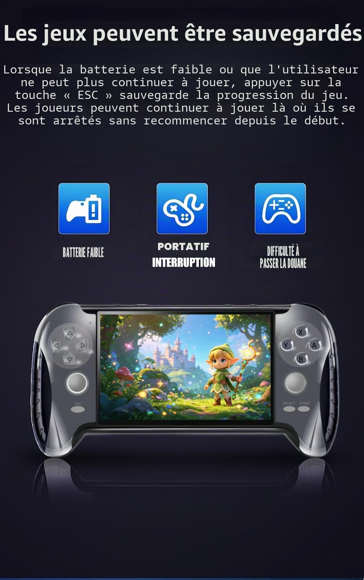 Console de jeu portable avec manette de jeu de 4,3 pouces - 4800 jeux rétro - Multiples émulateurs - Fonction de sauvegarde des jeux - Produit électronique portable pour enfants/amis