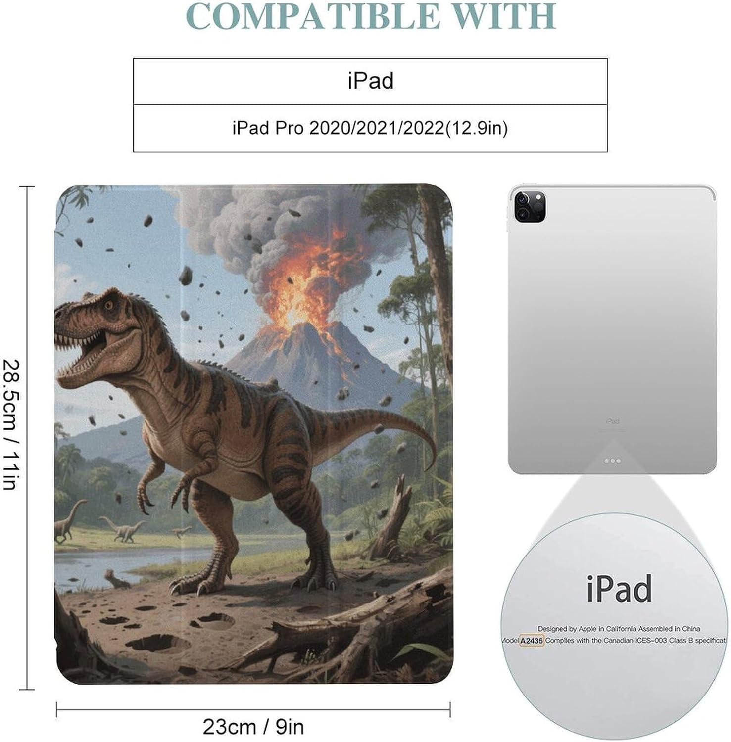 Dinosaur Volcanic Forest 12.9 in Trifold for iPad Case with Pencil Holder image 2