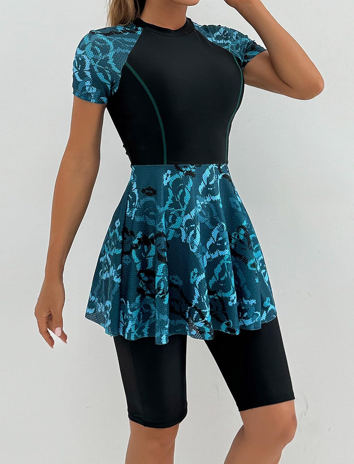 FYMNSI Women Split Two-Piece Swimsuit Breathable Mesh Short Sleeve Floral Print Swim Dress with Boyshorts Modest Bathing Suit - Image 3