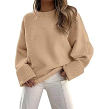 Zaswen Oversized Fuzzy Sweater for Women Crewneck Long Sleeve Furry Sweaters Soft Ribbed Knitted Baggy Pullover Sweaters