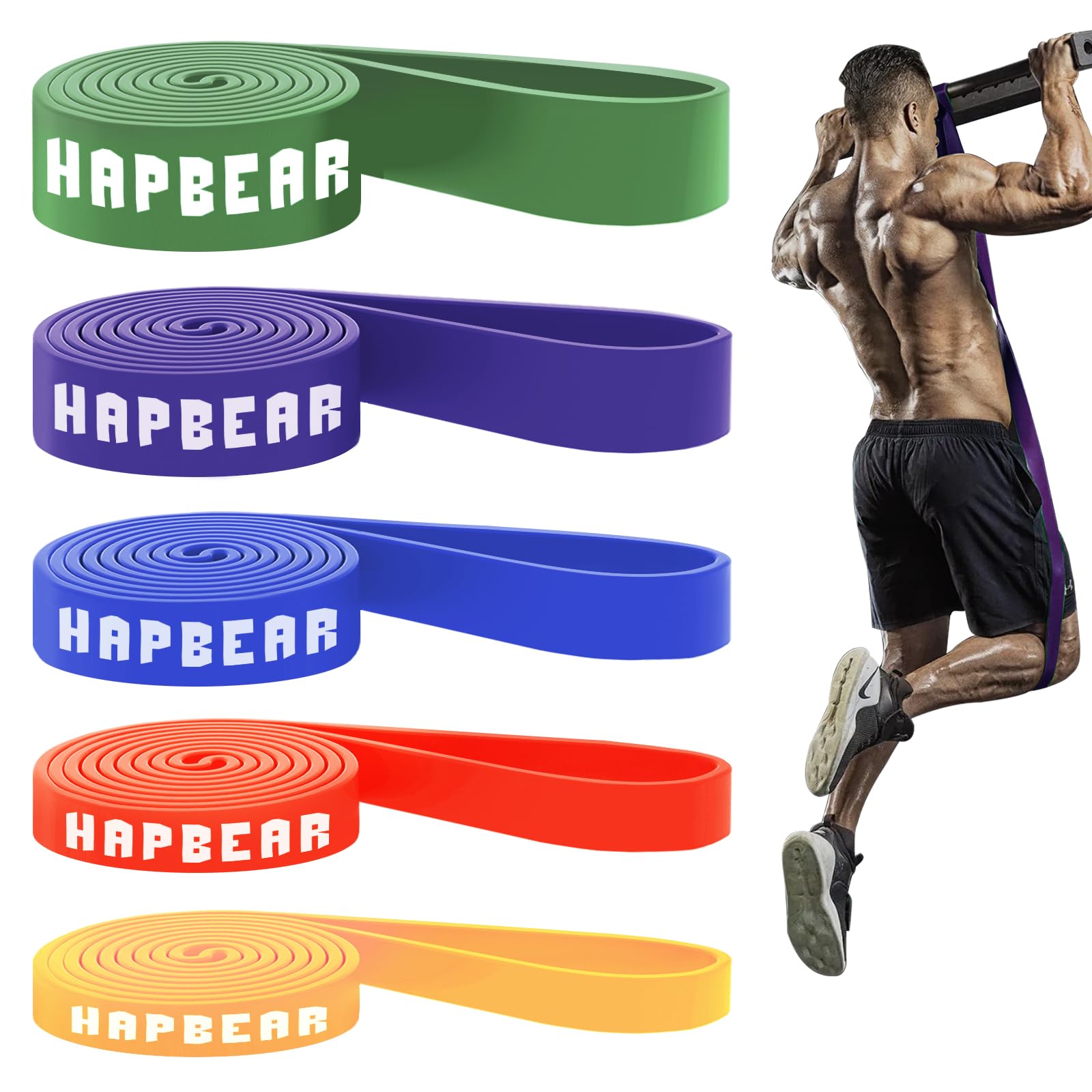 HAPBEAR Pull Up Assistance Bands Set of 5 - Resistance Bands for Working Out, Stretching, Physical Therapy, Muscle Training Multicolor (15-170LBS)