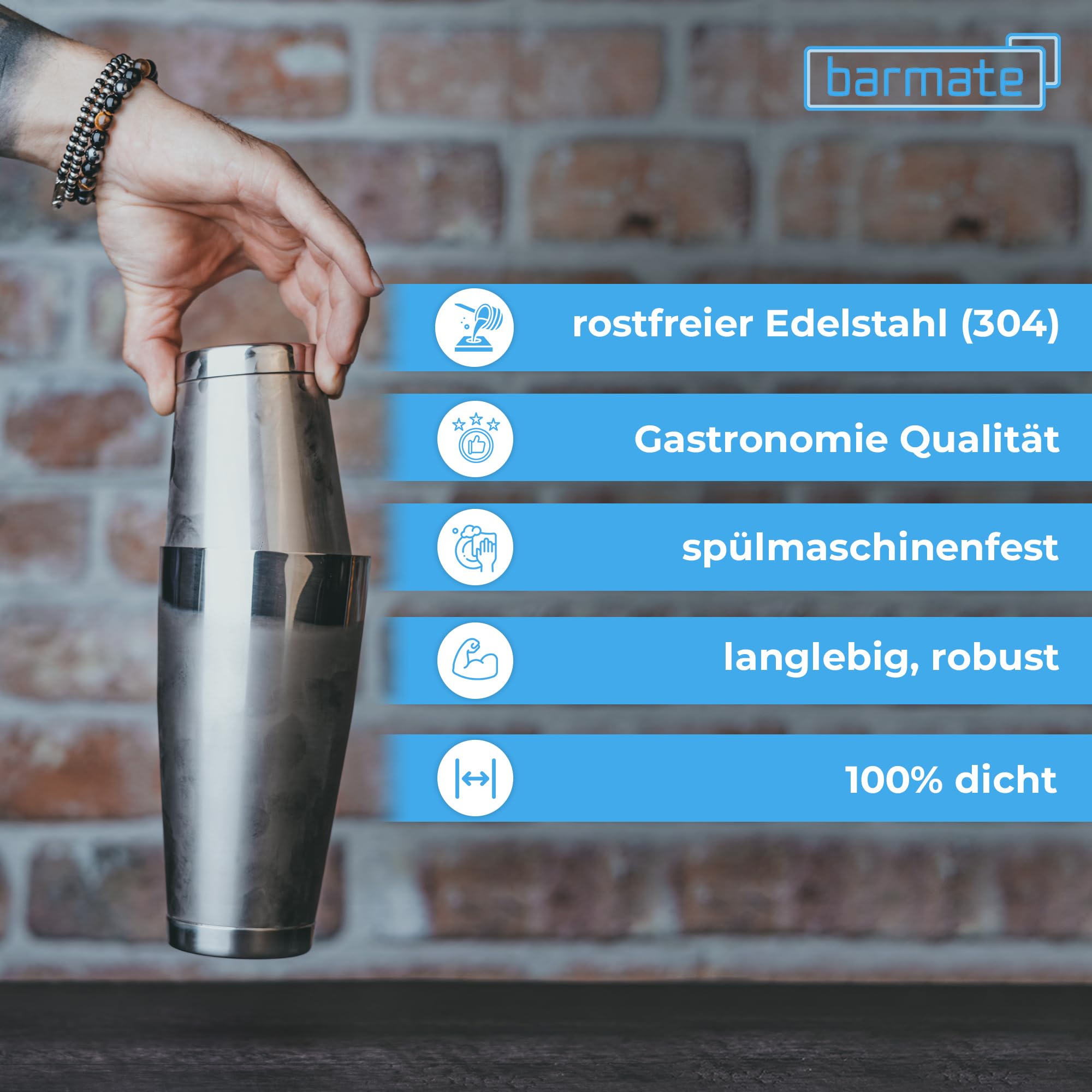 Boston Cocktail Shaker aus Edelstahl und beschwert als 3 teiliges Set bestehend aus einem Shaker, einem Jigger und einem Sieb