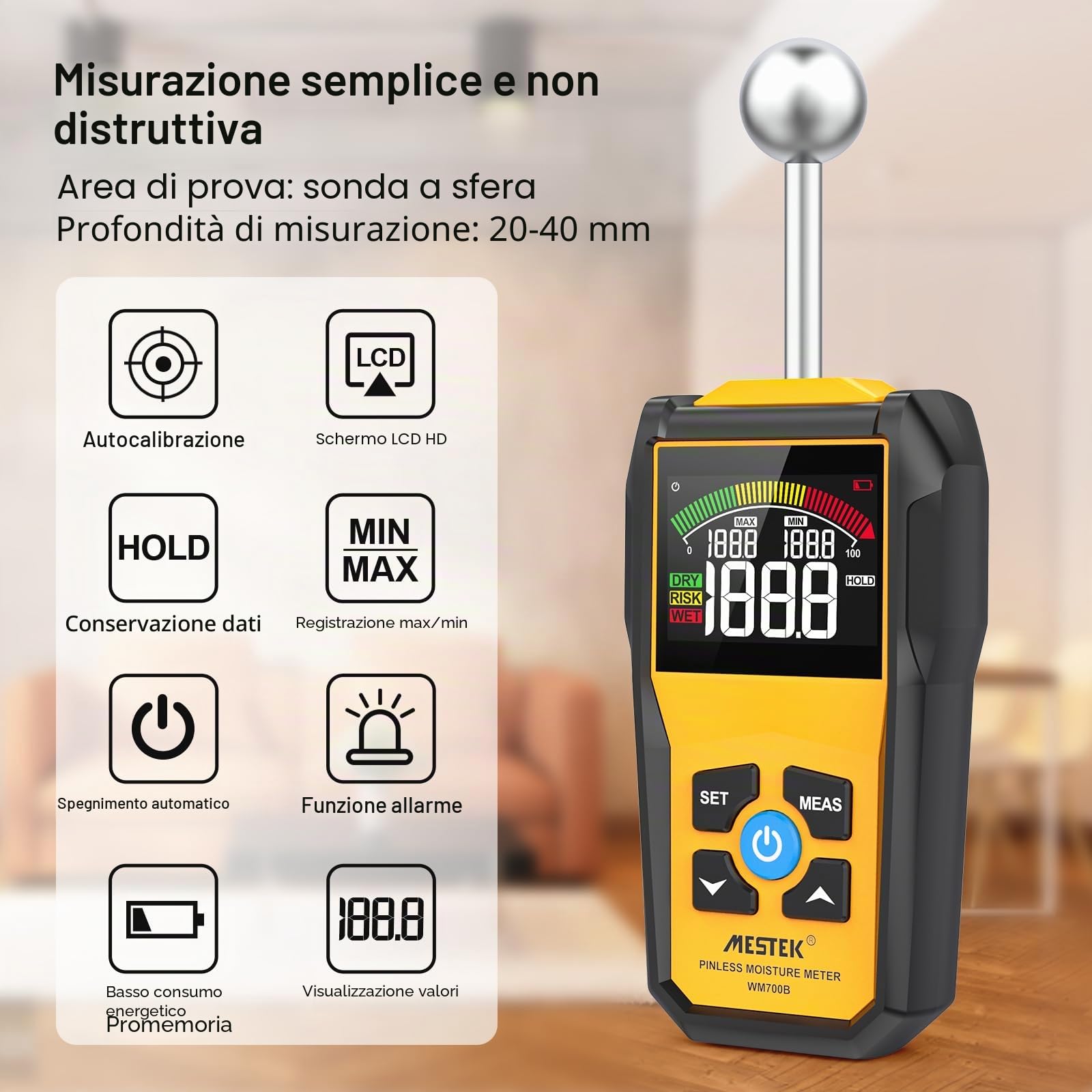 Misuratore di Umidità MESTEK Indicatore di Umidità 20-40mm Rivelatore di Umidità Igrometro Senza Ago Digitale LCD Display Allarme per Legni, Parete, Pavimenti, Legno, Gesso, con Batteria, Giallo