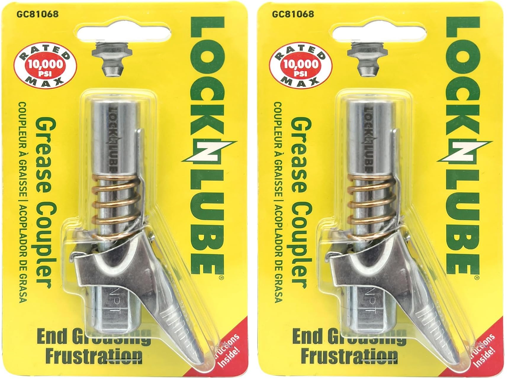 LockNLube Grease Gun Coupler, Patented Locking Jaws Create A Secure, Leak-Free Seal, The Original Rebuildable Locking Coupler, Rated to 10,000 PSI (Pack of 2)