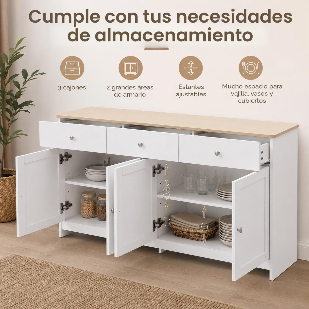 Aparadores para Salon, Aparador Blanco, Aparador Madera, Aparador Comedor, Alacena De Cocina, Armario Buffet con 3 Cajones Y 4 Puertas, Aparadores para Salón Entrada Comedor, 160 x 37 x 75 cm