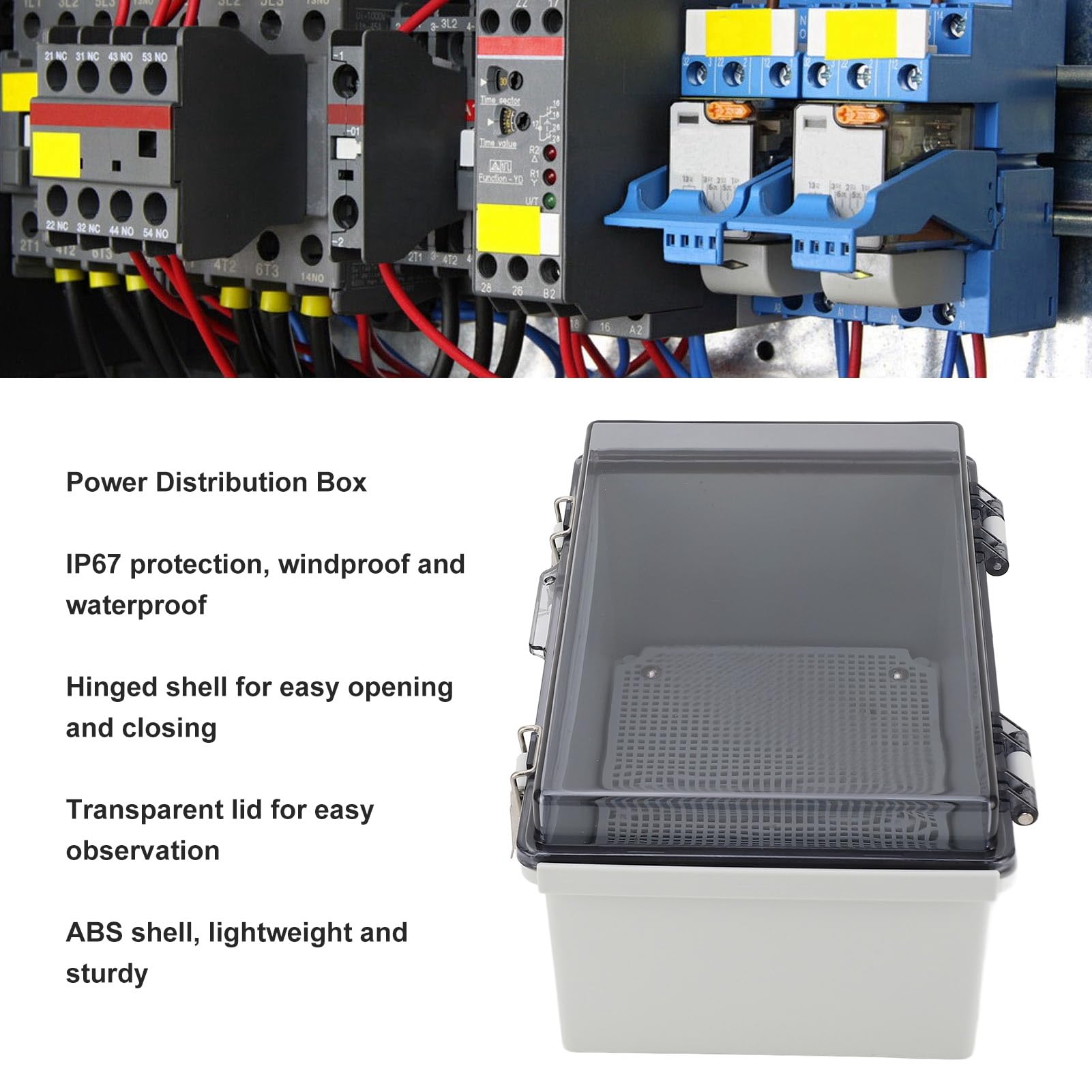 Stromverteilerkasten mit Schutzart IP67, 290 x 190 x 140 mm, aufklappbarer Projektkasten mit transparentem Deckel, ABS-Kunststoff-Elektrogehäuse für Heimwerker-Elektronik