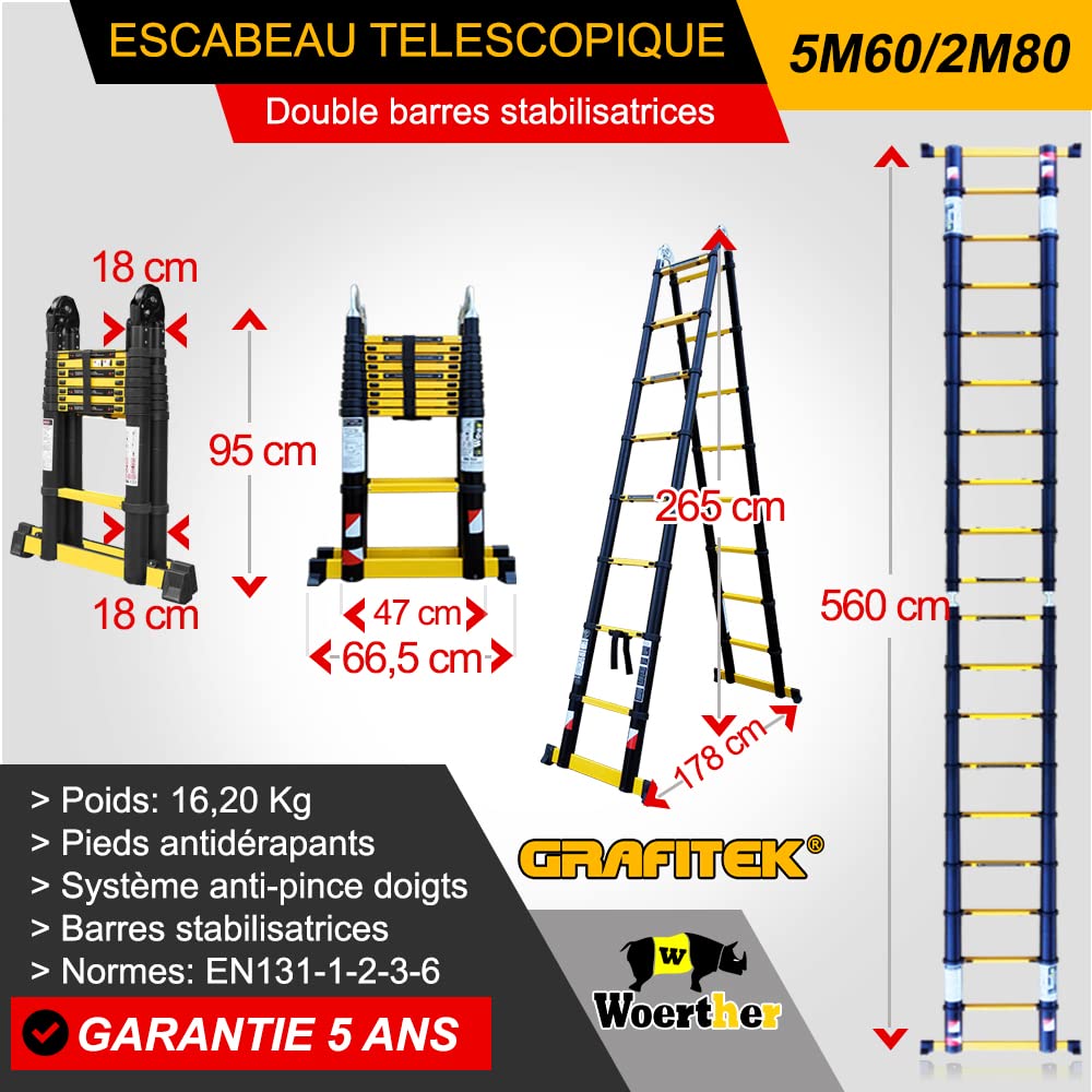 Échelle-escabeau Télescopique Woerther® – Double Fonction - Aluminium 7175T6 & Graphite - Norme EN131-6 – Ultra Stable, Légère et Compacte – Système Anti-Pincement Push & Go – Garantie 5 Ans