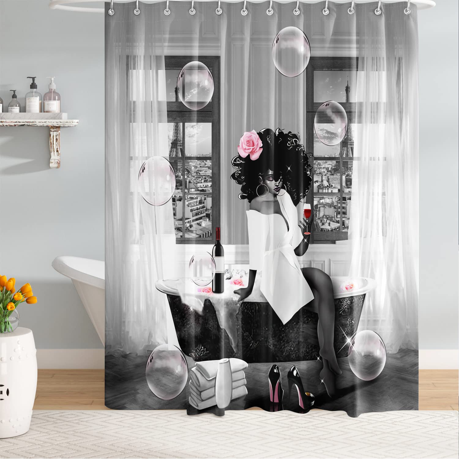 TYAKASHA Shower Curtain African American Woman Afro Lady withl Bubble Pink Rose High Heels 72x72 Inches Waterproof Fabric Polyester with 12 Hooks for