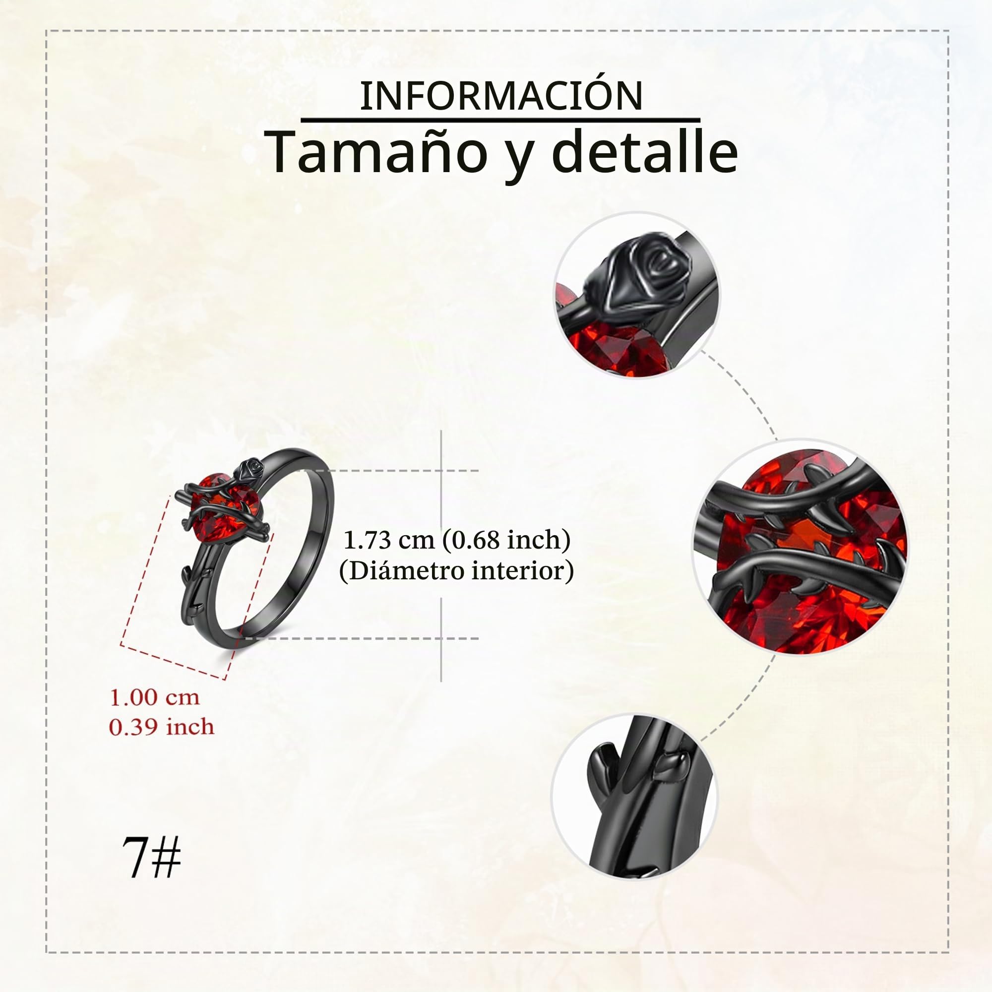 DAYLINLOVE Anillo de rosa negra de plata de ley 925 con cruz gótica de corazón rojo, anillo de rosa gótica, regalo para mujeres, niñas, 7