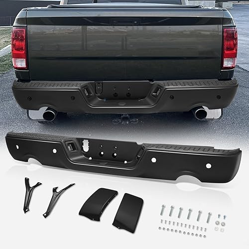 Protector de parachoques trasero con luces de matrícula y recortes de escape dobles compatible con Dodge Ram 1500 2500 3500 2009-2019, negro mate