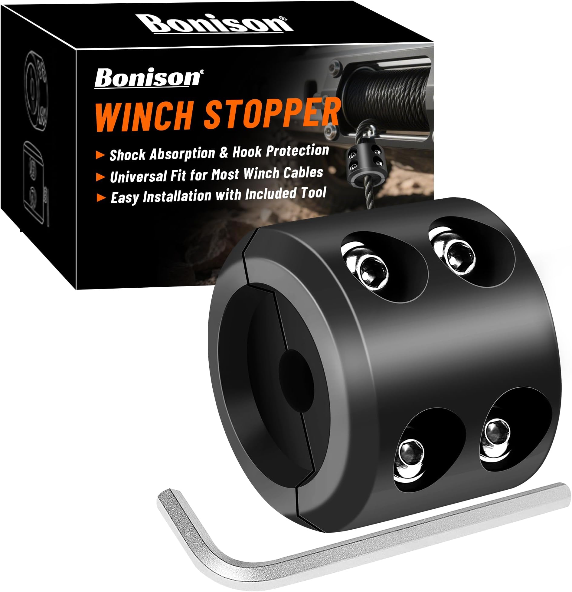 Bonison Winch Stopper for Cable. Truck UTV ATV Rubber Winch Cable Stopper, Protects Towing Hook, Synthetic Rope, Cable Line from Wear or Damage, Hawse, Bumper. (Black Winch Stopper)